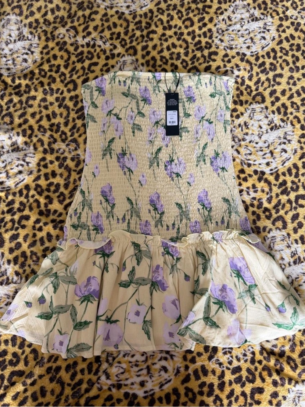 Fashion Nova womens Yellow Floral Smocked Tube Dress with Lavender Print